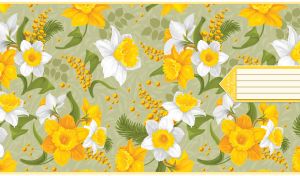Drawn daffodil and mimosa flowers seamless pattern on pastel green background