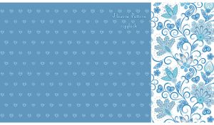 Indian batik floral pattern on white next to seamless hearts on dark pastel blue