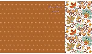 Indian batik floral pattern on white next to seamless hearts on ocher