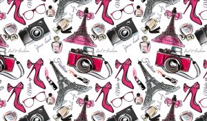 Paris themed seamless pattern with cameras and Eiffel towers on a white backdrop