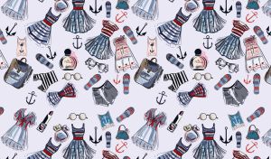 Nautical themed seamless pattern with sailor dresses on a pastel navy backdrop