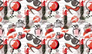 Fashion themed seamless pattern with lipsticks and high heel on a white backdrop