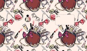 Makeup themed seamless pattern with brown purses and bows on a beige backdrop