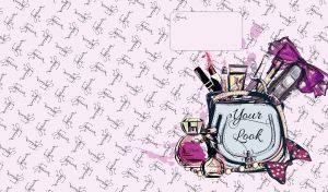 Fashion seamless pattern with a blue purse and makeup on pastel purple backdrop