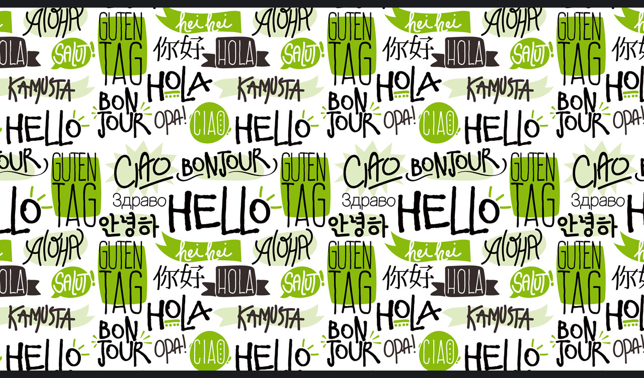 Greetings in different languages in black, lime and green on a white backdrop