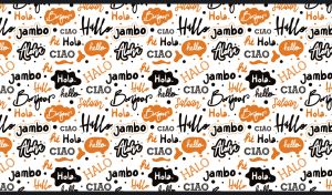 Greetings in different languages in black and orange on a white backdrop