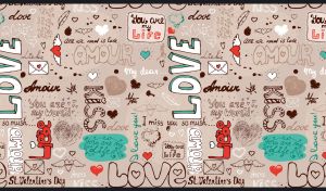 Love words in different languages in teal and brown on a beige backdrop