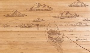 Wood burning art depicting a boat on a lake on a beige wooden texture