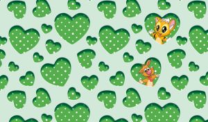 Cat and dog on pastel green seamless heart pattern and green polka dot backdrop
