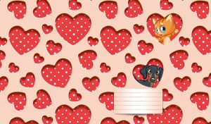 Cat and dog on beige seamless heart pattern and red polka dot backdrop
