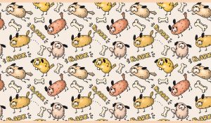 Seamless cartoon pattern with dogs and bones on a pastel beige backdrop