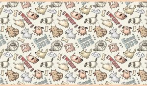 Seamless cartoon pattern with dogs and bones on a pastel beige backdrop