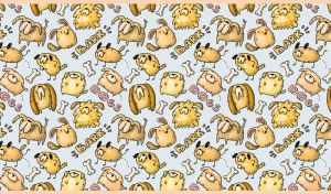 Seamless cartoon pattern with dogs and bones on a pastel blue backdrop