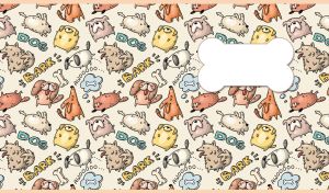 Seamless cartoon pattern with dogs and bones on a yellow-beige backdrop