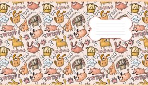 Seamless cartoon pattern with dogs and bones on a beige-pink backdrop