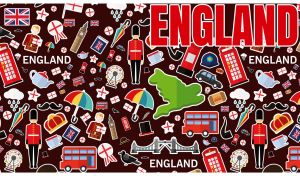 England travel vector icons and symbols on a dark brown backdrop