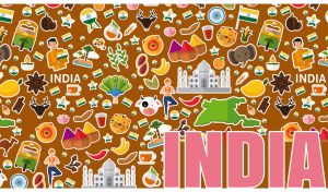 India travel vector icons and symbols on an ocher-brown backdrop