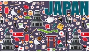 Japan travel vector icons and symbols on a purple-grey backdrop