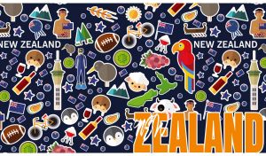 New Zealand travel vector icons and symbols on a navy-black backdrop