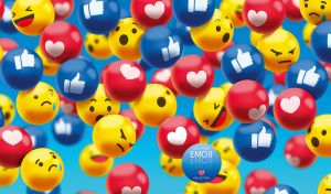 Heart, Thumbs-Up, Surprised, Angry and Sad 3D emoji balls on light blue