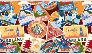 Vintage travel stickers in ocher and maroon color shades