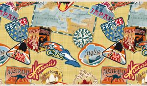 Vintage travel luggage retro stickers in a yellow-ocher texture backdrop