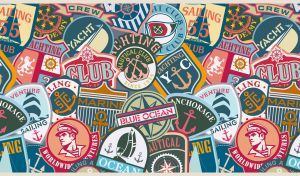Yacht club patches in yellow, pink and teal color shades