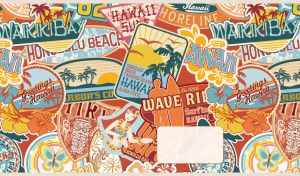 Hawaiian vintage travel stickers on a yellow-ocher and teal color shades