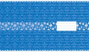 Rectangle frame on a stripe adorned with white flowers on a blue batik wallpaper