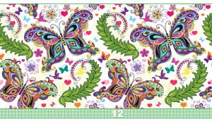 Seamless pattern design of vibrant butterflies and leaves in hues of green