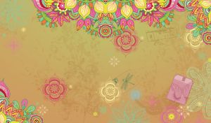 Abstract floral mandala pattern and insect stamps on beige-green backdrop