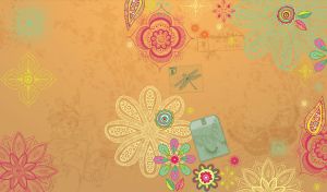 Abstract floral mandala pattern and insect stamps on yellow-beige backdrop