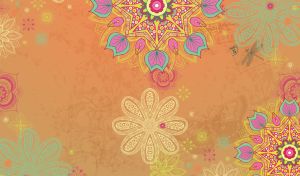 Abstract floral mandala pattern and insect stamps on orange-beige backdrop
