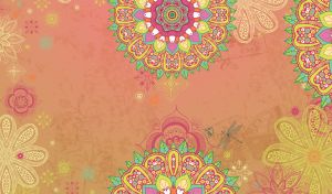 Abstract floral mandala pattern and insect stamps on pink-beige backdrop