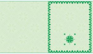 Green cross stitch ornament on pastel green backdrop