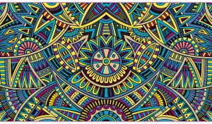 Seamless ethnic african pattern in teal, purple and yellow shades