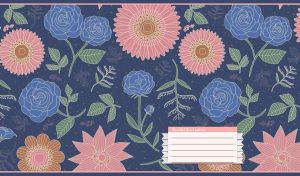 Floral seamless pattern with pink dahlias and blue roses on navy blue backdrop