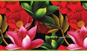 Seamless floral pattern of red poppies and pink water lilies on a black backdrop