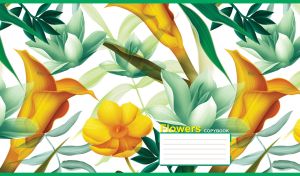 Seamless floral pattern of yellow buttercups and green lilies on white backdrop