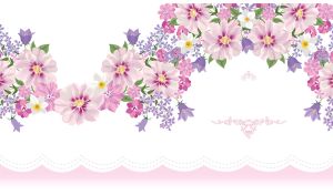 Pastel pink and purple floral arch on a white backdrop with decorative border