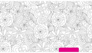 A black and white floral seamless pattern with a pink tab