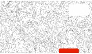 A black and white floral seamless pattern with a red tab