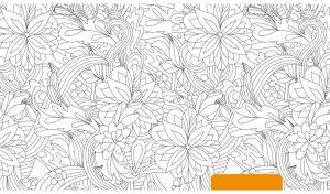 A black and white floral seamless pattern with an orange tab