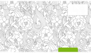 A black and white floral seamless pattern with a green tab