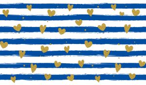 Grunge blue stripes and gold glitter hearts on a white backdrop