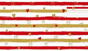Grunge red stripes and gold glitter stripes with hearts on a white backdrop