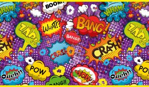 Superhero clipart comic book speech bubbles on a purple backdrop