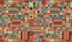 Tile mosaic with seamless ethnic patterns in red and green colors