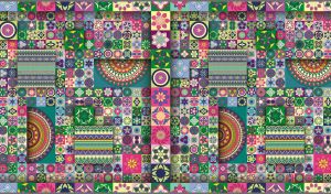 Tile mosaic with seamless ethnic patterns in green and pink colors