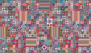 Tile mosaic with seamless ethnic patterns in pastel pink and blue colors